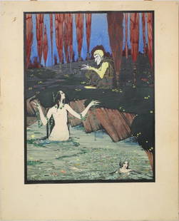 HARRY CLARKE (1889-1931, IRELAND), MIXED MEDIA: DRAWING ON GOODALL BRISTOL BOARD, SIGHT SIZE 12" X 9". OVERALL 15 1/4" X 12 1/2". SIGNED LOWER LEFT, ALSO SIGNED AND REMARKED ON VERSO "THE GNOME", UNPUBLISHED AND UNREPRODUCED. HARRY CLARKE". COMES W