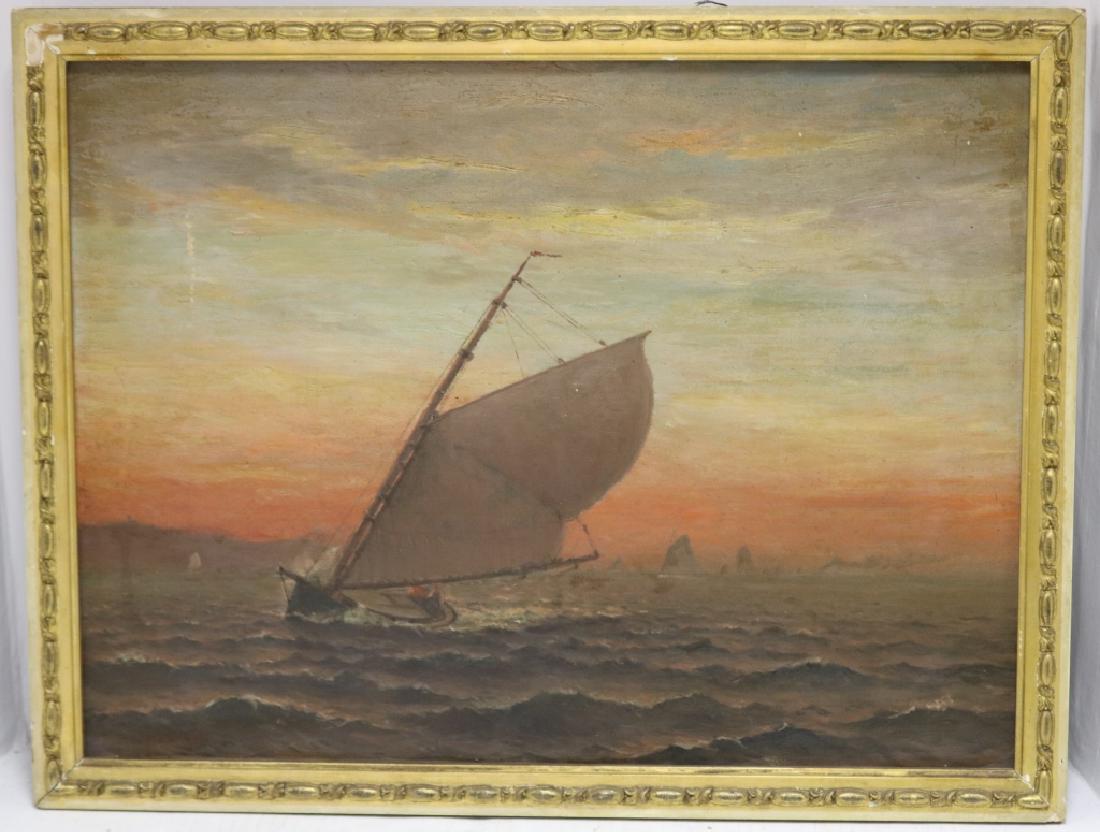 WILLIAM HALSALL (1841-1919, MASS.), OIL PAINTING: ON CANVAS, SIGNED LOWER LEFT, SAILBOATS WITH LUMINIST SKY. SIGHT SIZE 18" X 24". OVERALL 20" X 26". IN PERIOD GOLD FRAME WITH SOME LOSS.