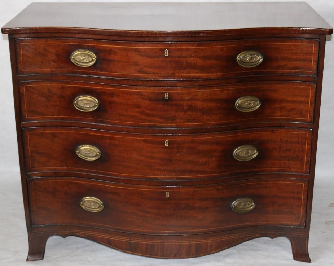 GEORGE III INLAID MAHOGANY SERPENTINE FRONT CHEST: WITH FRENCH FEET, OVAL EAGLE BRASSES, 4 GRADUATED DRAWERS. 37 1/2" HIGH X 46" WIDE X 23" DEEP.