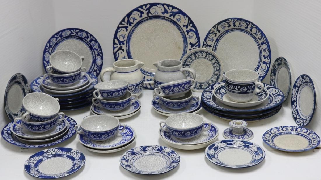 46 PIECES OF DEDHAM POTTERY TO INCLUDE: 12": RABBIT CHARGER, FOUR 10" RABBIT PLATES, SIX 8 1/2" RABBIT PLATES, 5" RABBIT PITCHER, 4 3/4" AZALEA PITCHER, 8 1/2" AZALEA PLATE, TWO SMALL RABBIT CANDLEHOLDERS, TEN 2" DOUBLE HANDLED BOUILLON CUPS (ON