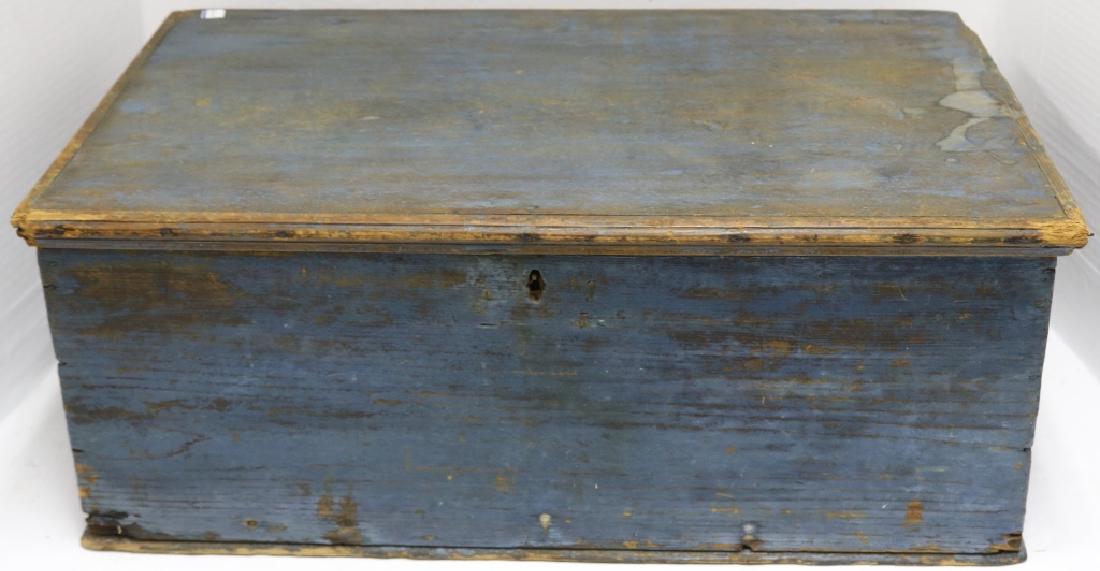 18TH C AMERICAN PINE LIFT-TOP BOX WITH FITTED: INTERIOR WITH OLD BLUE PAINTED SURFACE, OLD COTTER PIN HINGES. 10" HIGH X 25" WIDE X 15 3/4" DEEP.