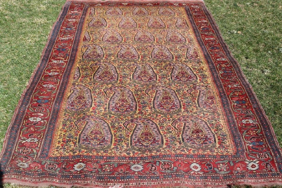 CA 1910 PERSIAN AREA RUG WITH UNUSUAL PAISLEY: GULL DESIGN IN CENTER. SHOWS SLIGHT WEAR AT ENDS. 4' 8" X 8'.