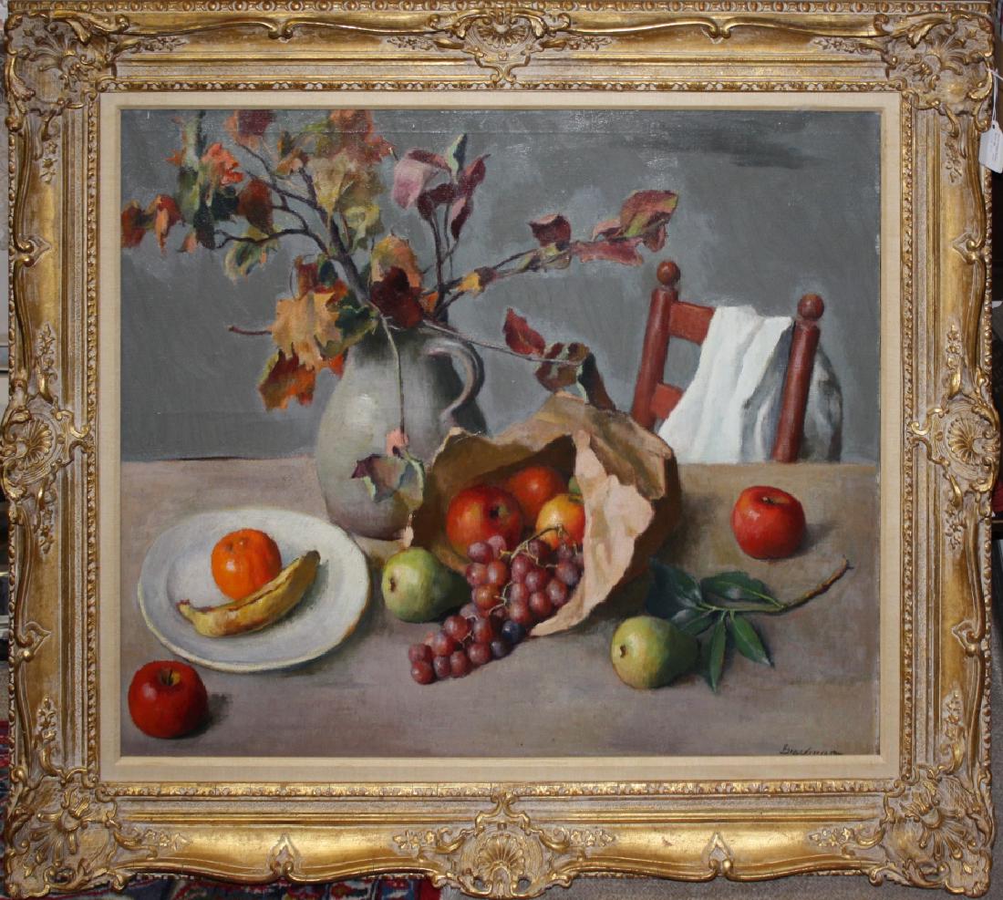 ROBERT BRACKMAN (1898-1980, NY & CT), OIL: PAINTING ON CANVAS, TITLED "LATE FALL", STILL-LIFE WITH FRUIT AND STONEWARE JUG, SIGNED LOWER RIGHT. SIGHT SIZE 30" X 25", OVERALL 39" X 33". IN ORNATE CARVED AND GILDED FRAME.