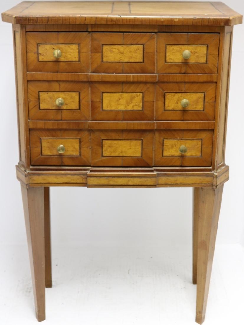 LATE 19TH C INLAID FRENCH MINIATURE 3 DRAWER CHEST: 25 3/4" HIGH X 16 1/2" WIDE X 10" DEEP.