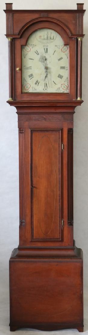LATE 18TH C AMERICAN CHERRY INLAID TALL CASE: CLOCK, PAINTED DIAL WITH HOUSE AND LANDSCAPE, MARKED "MDCCLI", PEWTER HANDS WITH SECONDS AND CALENDAR, WOODEN MOVEMENT, REEDED QUARTER COLUMNS. 81 1/4" HIGH X 18 5/8" WIDE X 9 3/4" DEEP. COMES WITH PE