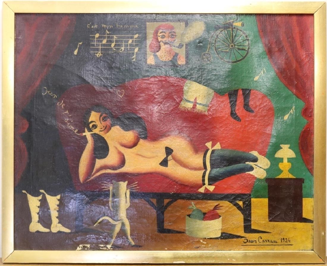 JEAN CARRAU ( -1996, FRANCE), OIL PAINTING: ON CANVAS TITLED "MADAME LAURENT", DEPICTS RECLINING SMOKING NUDE WITH CAT AND PORTRAIT OF HER LOVER SMOKING A PIPE. SIGNED LOWER RIGHT, DATED 1924. SIGHT SIZE 20" X 25". SHOWS MINOR FLAKING TO BOTTOM