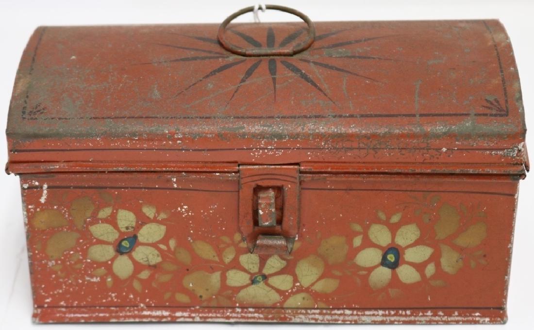 EARLY 19TH C PAINTED TOLE WARE DOCUMENT BOX,: ORIGINAL RED PAINT, GEOMETRIC AND FLORAL DECORATION. 3 1/2" HIGH, 7" WIDE, 3 1/4" DEEP. PROVENANCE: FROM THE ESTATE OF SIMPSON JENNEY, FAIRHAVEN WHALING MASTER.