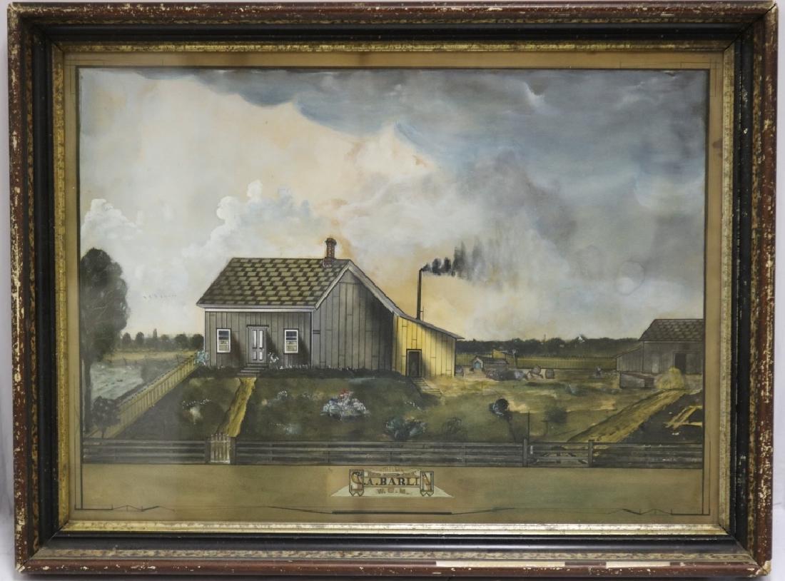 PRIMITIVE WATERCOLOR, LATE 19TH C DEPICTING: THE FARM OF S. A. BARLIN. MARKED S. A. BARLIN. ALSO MARKED W.P.C.M. IN ORIGINAL VICTORIAN FRAME. FRAME SHOWS DAMAGE. SIGHT SIZE 15 1/2" X 21 1/2". OVERALL 18 1/2" X 24 1/2".