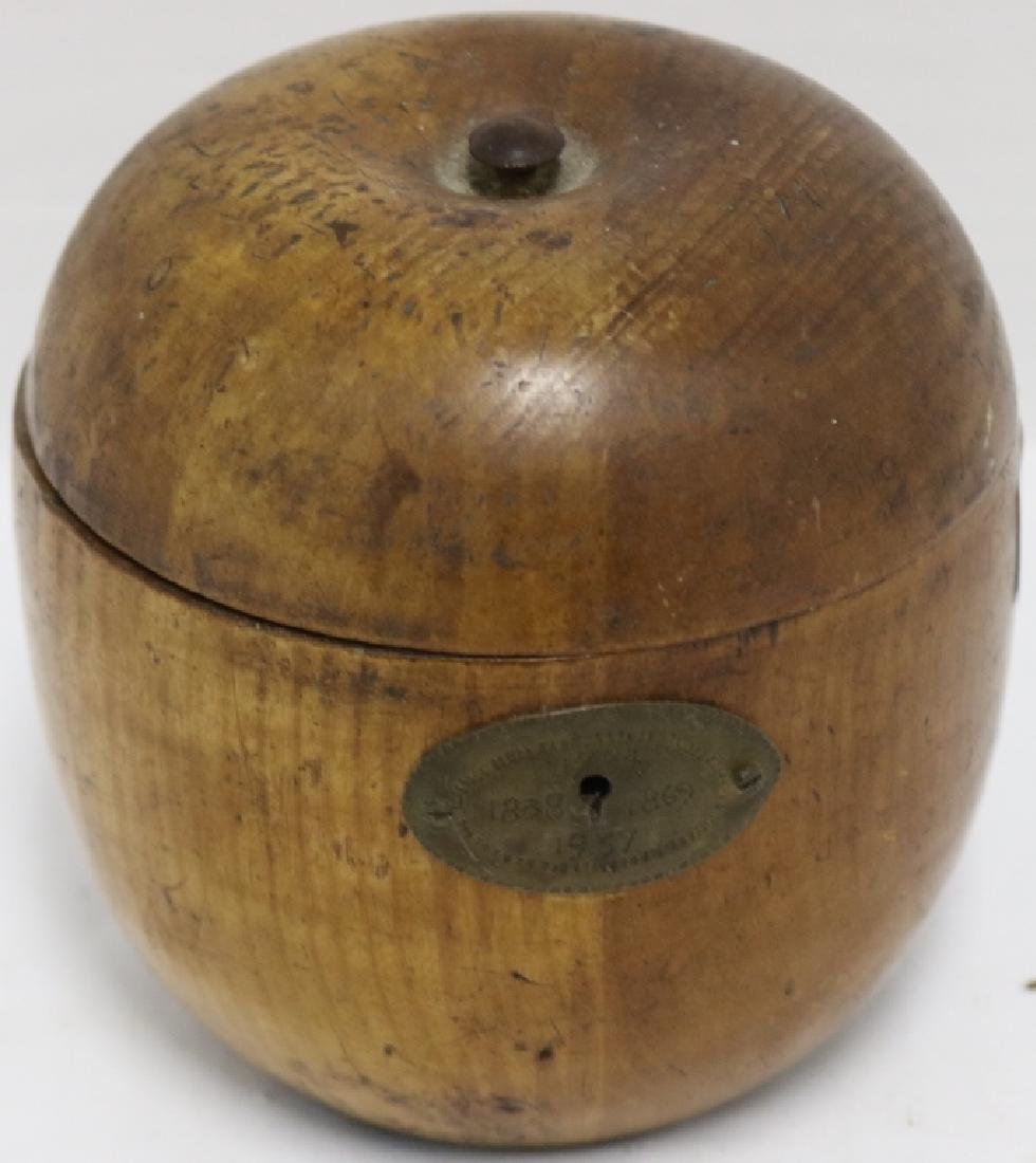 EARLY 19TH C APPLE FORM WOODEN TEA CADDY WITH: ESCUTCHEON PLATE, OLD FINISH, 4 1/2" HIGH, 4" DIAMETER.