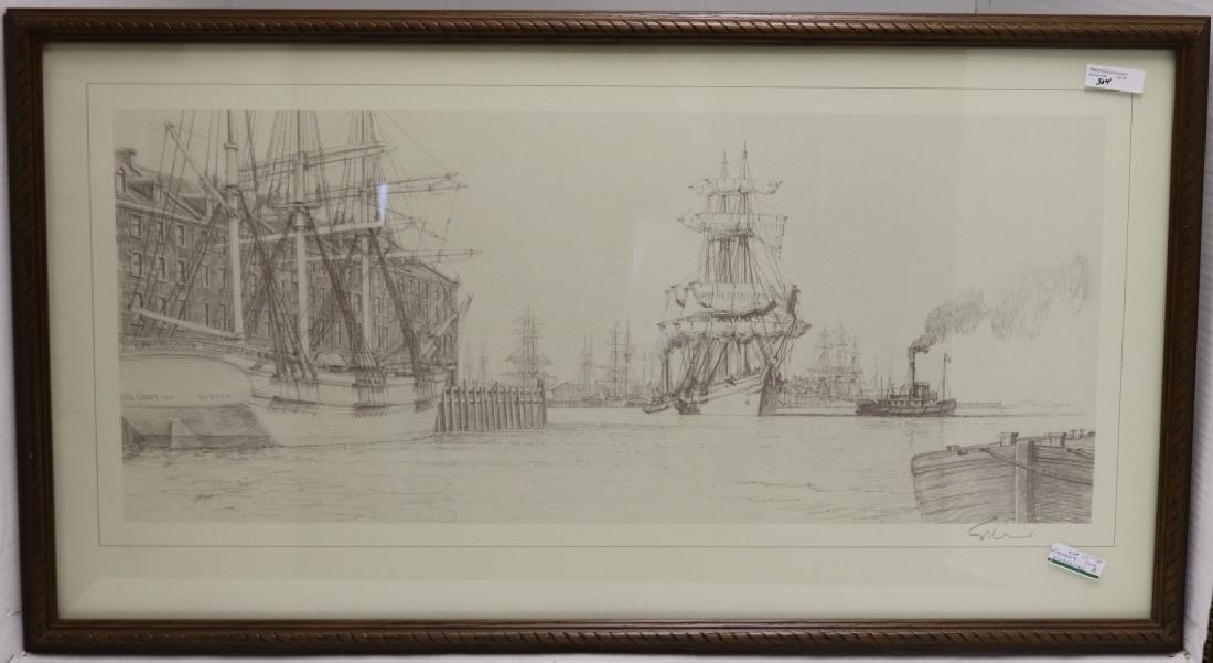 BLACK AND WHITE LITHOGRAPH BY JOHN STOBART: (1929 - , MASSACHUSETTS ARTIST), #33 OF 600, PENCIL SIGNED LOWER RIGHT, DEPICTING A 19TH C SCENE IN BOSTON HARBOR WITH SHIPS AND TUGBOATS. SIGHT SIZE 13 3/4" X 30 1/2". 19 1/2" X 35" FRAMED.