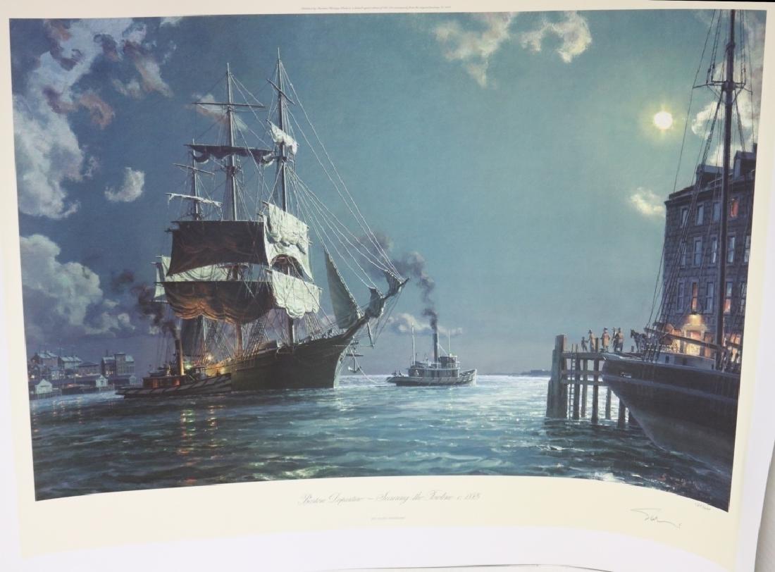 COLORED LITHOGRAPH BY JOHN STOBART, #125 OF 600,: TITLED "BOSTON DEPARTURE - SECURING THE LOWLINE, CA 1855". PENCIL SIGNED AND NUMBERED LOWER RIGHT. SIGNED AND DATED 2004 IN PLATE. SIGHT SIZE 21" X 30". SHEET SIZE 25" X 34". UNFRAMED.