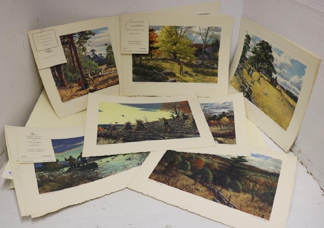 LOT OF 15 A. LASSELL RIPLEY (1896-1969), UNFRAMED: TALIO CHROME COLORED PRINTS TO INCLUDE FIRST ONE IS "AUTUMN COVER", SIGNED ON MAT LOWER RIGHT AND IN THE PLATE. SECOND ONE TITLED "ON THE WING", SIGNED LOWER RIGHT. THIRD TITLED "A PROMISING DAY", SIG