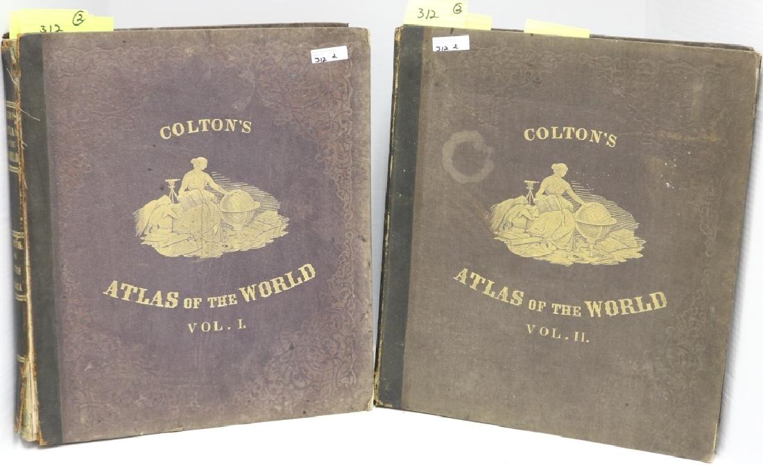 COLTON'S ATLAS OF THE WORLD, 2 LARGE CLOTH BOUND: VOLUMES, 19 1/4" X 17". PUBLISHED BY J. H. COLTON, NEW YORK, 1856. VOLUME ONE CONTAINS 63 PLATES WITH GEOGRAPHICAL, STATISTICAL AND HISTORICAL INFORMATION. THE OVERALL CONDITION IS GOOD WITH SOME FOXI