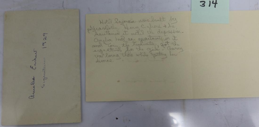 4 HANDWRITTEN AUTOGRAPHS BY AMELIA EARHART: ON HOTEL SEYMOUR, NEW YORK STATIONERY. AMELIA HAD AN APARTMENT IN THIS HOTEL. HENRY IRONS (IRONS & TODD DEVELOPERS) BUILT AND MAINTAINED THE HOTEL UNTIL THE GREAT DEPRESSION. THE LETTER AND AUTOGRAPHS