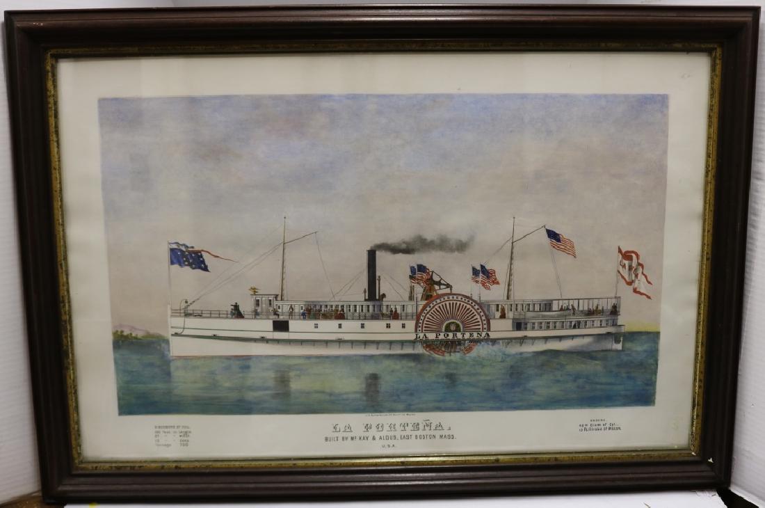 19TH C COLORED LITHOGRAPH BY J. H. BUFFORD'S: BOSTON, DEPICTS THE STEAM PADDLEWHEEL BOAT "LA PORTENA". BUILT BY MCKAY & ALDUS, EAST BOSTON, MA. CLEANED AND RESTORED. SIGHT SIZE 22" X 33 1/2". OVERALL 26 1/2" X 38".