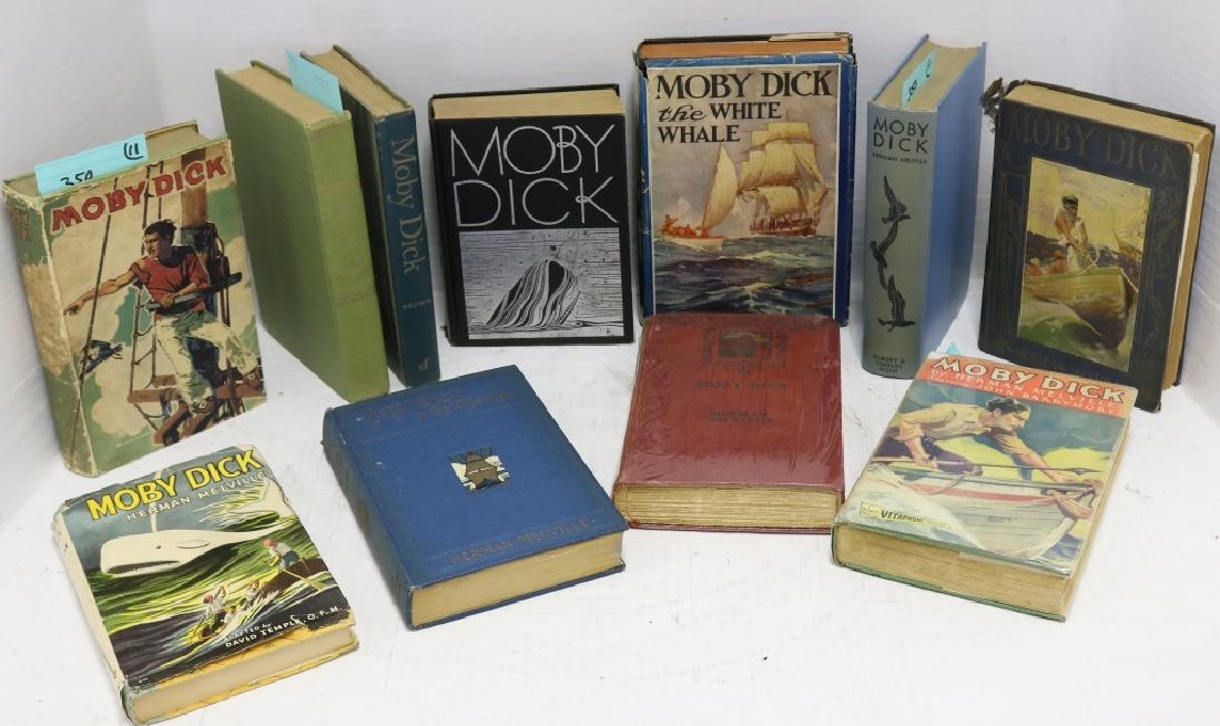 11 BOOKS TITLED "MOBY DICK" BY HERMAN MELVILLE.: (1) ILLUSTRATED WITH SCENE OF THE MOVIE STARRING JOHN BARRYMORE. (2) FATHER & SON LIBRARY EDITION 1928. (3) ILLUSTRATED BY RAYMOND BISHOP, 1935. (4) ST. BOTOLPH SOCIETY, 1892. (5) ILLUSTRATED BY OTTO