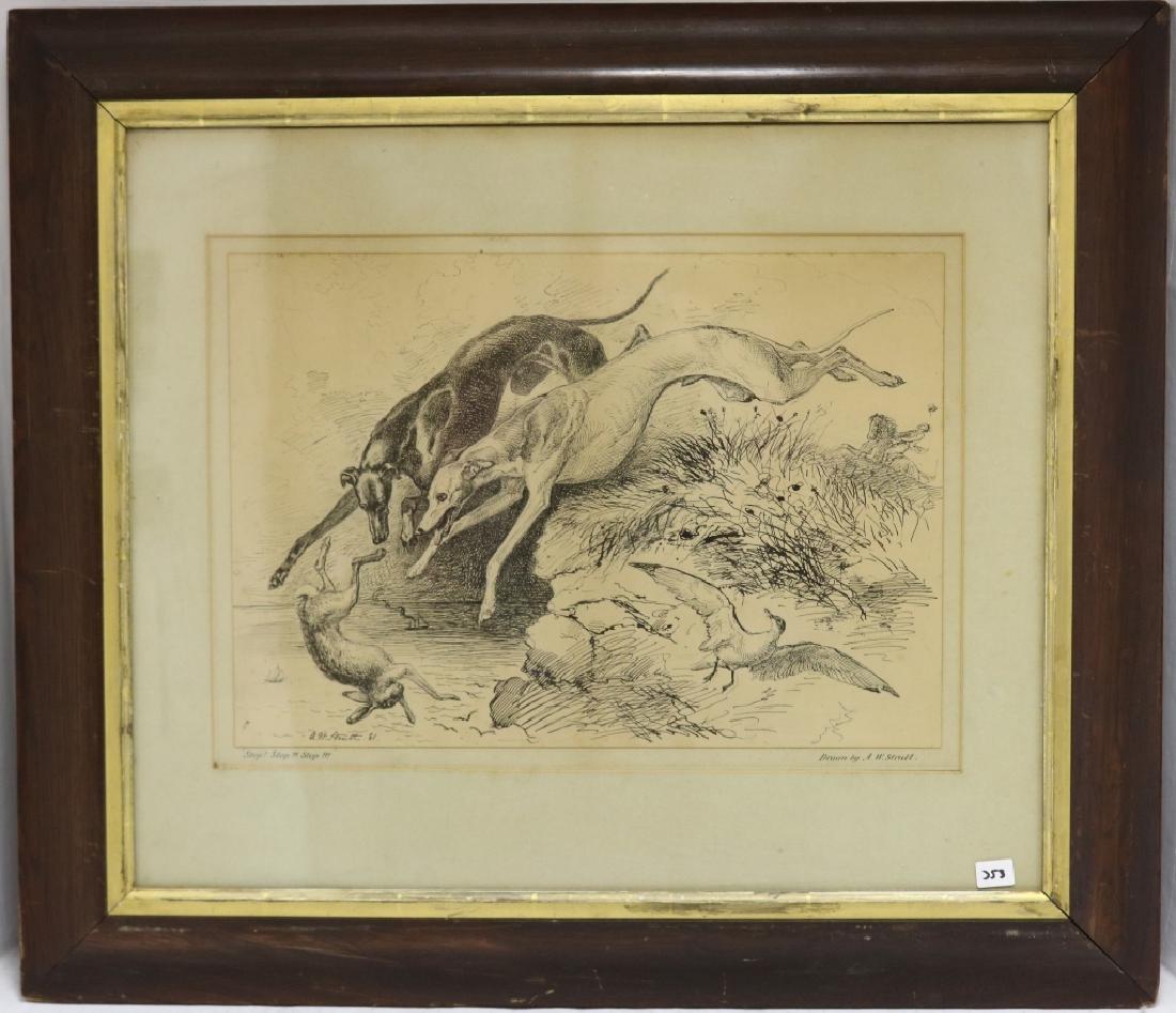 ALFRED WILLIAM STRUTT (1856-1924), PEN AND INK: ON PAPER TITLED "STOP, STOP, STOP", SIGNED LOWER LEFT AND DATED 1881. DEPICTING HUNTING DOGS CHASING A RABBIT. SIGHT SIZE 11 3/4" X 16 3/4". OVERALL 24" X 27 1/2". IN A PERIOD FRAME.