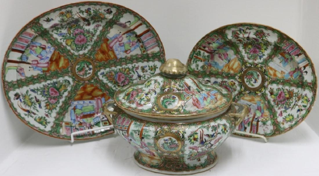 3 PIECES OF 19TH C ROSE MEDALLION TO INCLUDE: 17 1/2" X 14 1/2" PLATTER, A 11" HIGH X 14" WIDE X 10 1/2" DEEP COVERED TUREEN AND A 14 1/2" X 12" UNDERLINER. OVERALL GOOD CONDITION. SHOWS SOME UNGLAZED AREAS ON THE INSIDE OF TUREEN.
