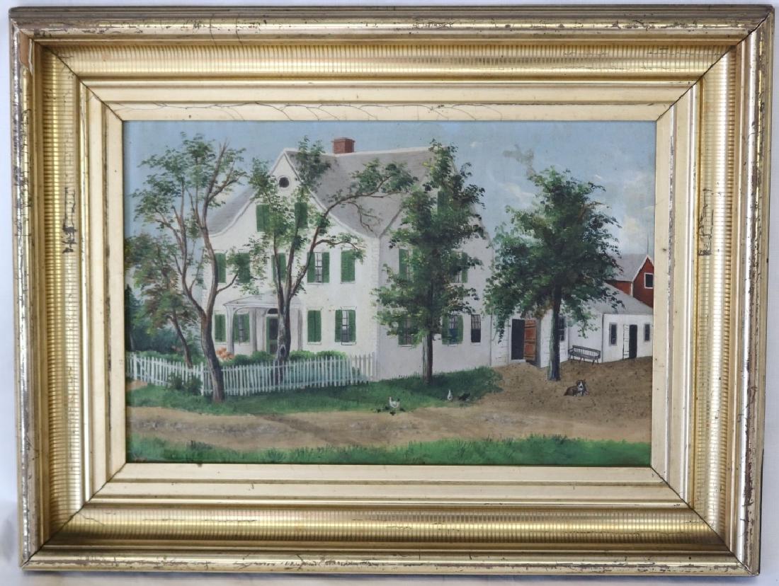 19TH C OIL PAINTING ON BOARD, COUNTRY FARMHOUSE: WITH CHICKENS, DOG AND HAND SAW, DATED 1883 LOWER LEFT. ORIGINAL GILT FRAME. SIGHT SIZE 9 1/2" X 14 1/2", OVERALL 15" X 20".