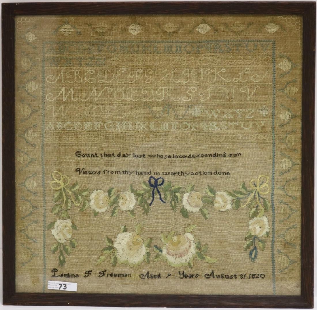 AMERICAN NEEDLEWORK SCHOOLGIRL SAMPLER BY: PULINA F. FREEMAN, AGE 9, WITH GEOMETRIC BORDER, 4 ALPHABETS, VERSE, FLORAL SWAG WITH BOW DATED AUGUST 31, 1820. FROM PHILADELPHIA, LISTED IN BETTY RING'S BOOK. GOOD CONDITION. SIGHT SIZE 16 3/4" X 17