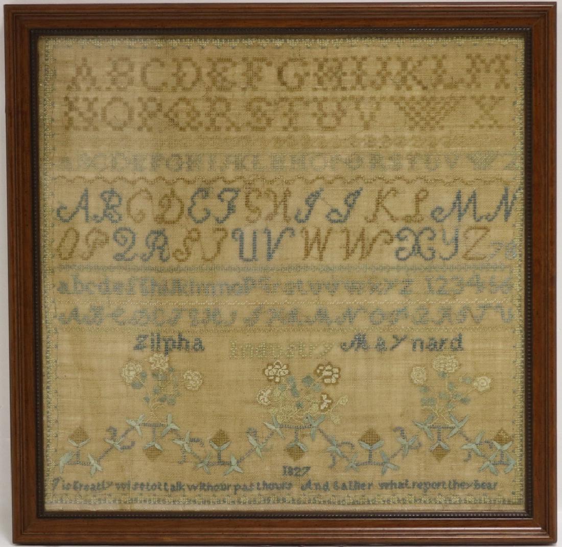 AMERICAN NEEDLEWORK SCHOOLGIRL SAMPLER BY ZIPHA: MAYNARD WITH 5 ALPHABETS, GEOMETRIC FLORAL DESIGN, BASKETS OF FLOWERS, 1827, TITLED INDUSTRY. FRAMED. SIGHT SIZE 15 3/4" X 15 3/4", OVERALL 17 5/8" X 17 7/8". PROVENANCE: HENRY T. CALLAN, SANDWICH, MA