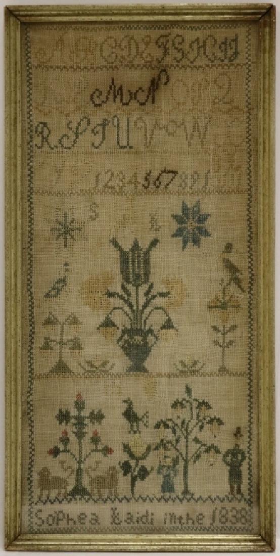 AMERICAN NEEDLEWORK SCHOOLGIRL SAMPLER WROUGHT: BY SPHEA LAIDI, PENNSYLVANIA, 1838. DOUBLE ALPHABET, NUMBERS, FLOWING POTS WITH BIRDS, ANIMALS AND PEOPLE. SIGHT SIZE 17 1/2" X 8", OVERALL WITH FRAME 18 3/4" X 9 1/4". PROVENANCE: HENRY T. CALLAN.