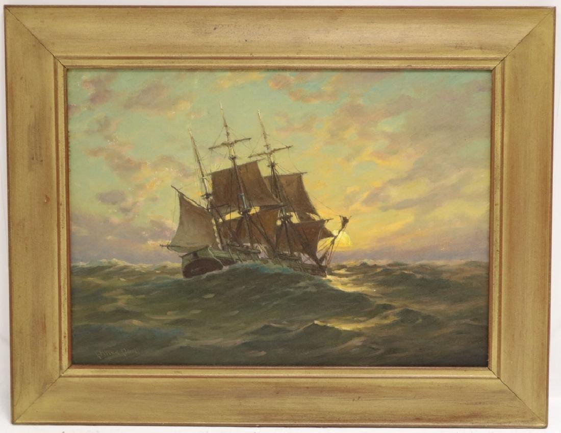 C. MYRON CLARK (1858-1925, MA) OIL PAINTING: DEPICTING SHIP UNDER SAIL AT SUNSET, SIGNED LOWER LEFT. SIGHT SIZE 13" X 18", OVERALL WITH FRAME 18" X 23".