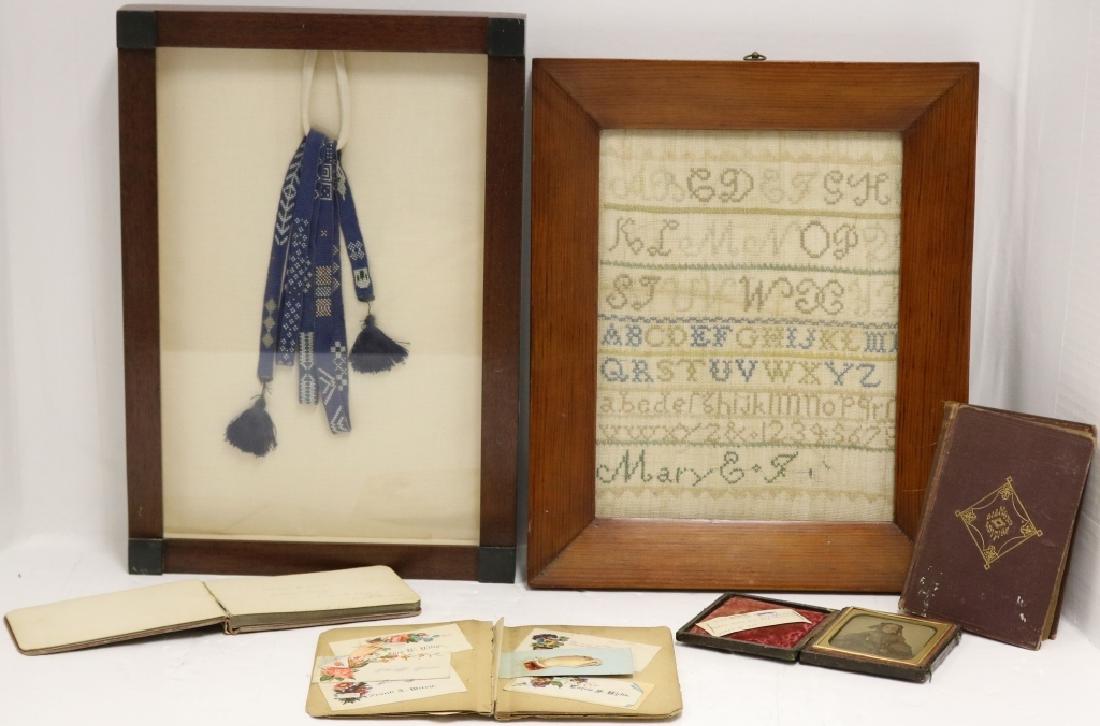 AMERICAN NEEDLEWORK SCHOOLGIRL SAMPLER WROUGHT: BY MARY ELIZABETH FLETCHER TODD, EARLY 19TH C WITH TRIPLE ALPHABET AND GEOMETRIC DESIGNS. SIGHT SIZE 10 3/4" X 8 1/4", OVERALL WITH FRAME 14 1/2" X 12". ALONG WITH RELATED MATERIAL TO INCLUDE AN EARLY