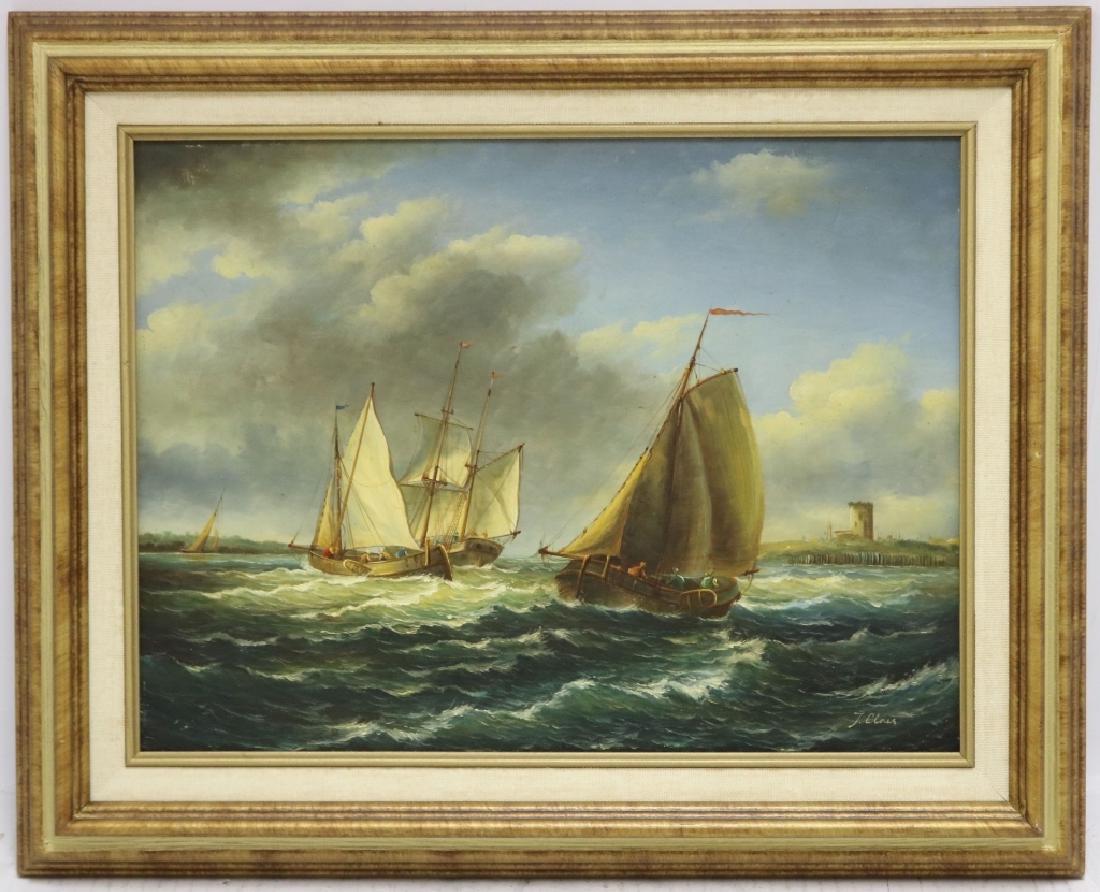 J. CLARK, (19TH C, BRITISH) OIL PAINTING ON BOARD: DEPICTING FISHING BOATS OFF THE ENGLISH COAST. SIGHT SIZE 12" X 16". OVERALL 16 1/2" X 20 1/2". IN CONTEMPORARY CARVED WOODEN FRAME.
