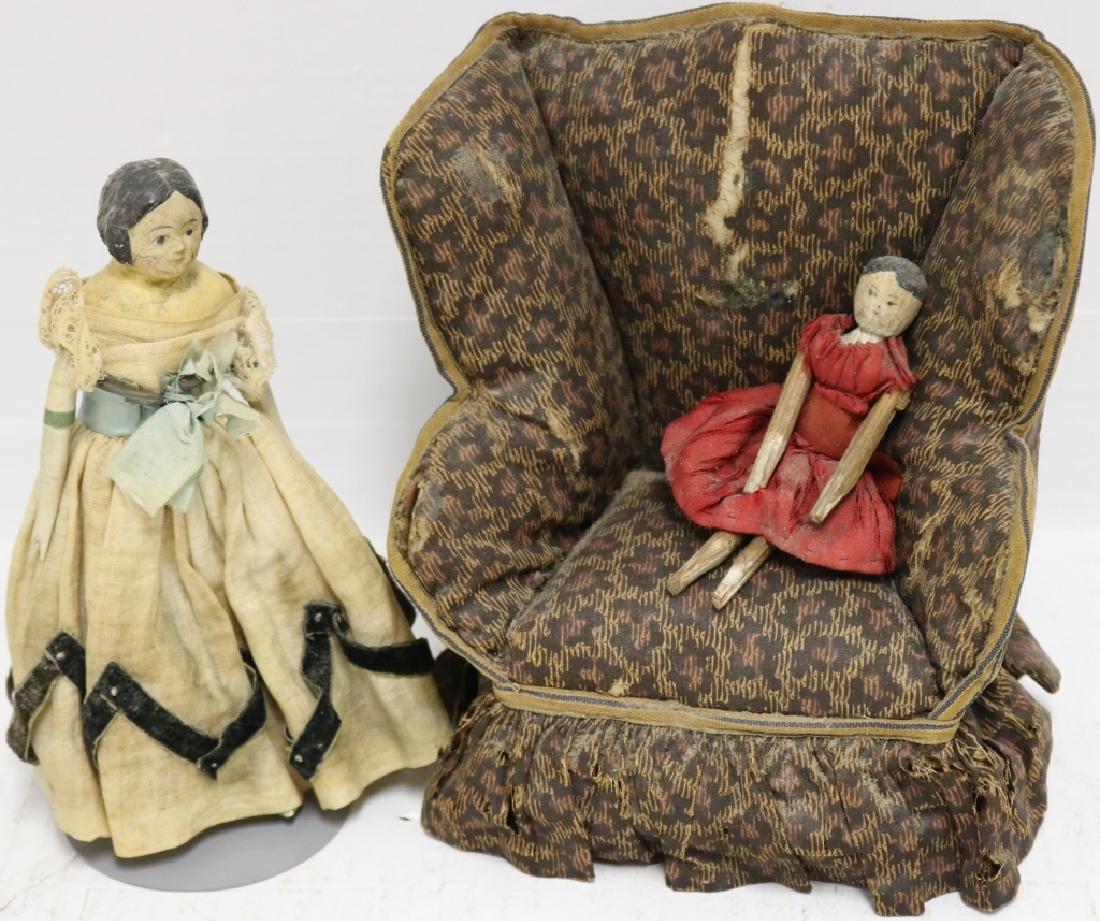 3 PIECE 19TH C DOLL LOT TO INCLUDE WING CHAIR: WITH LEOPARD PRINTED CLOTH. 7 1.2" HIGH, SHOWS TEARS AND WEAR. 4" PAINTED AND JOINTED WOODEN DOLL. 7" JENNY LIND STYLE DOLL, CARVED AND PAINTED WOOD WITH COMPOSITION HEAD.