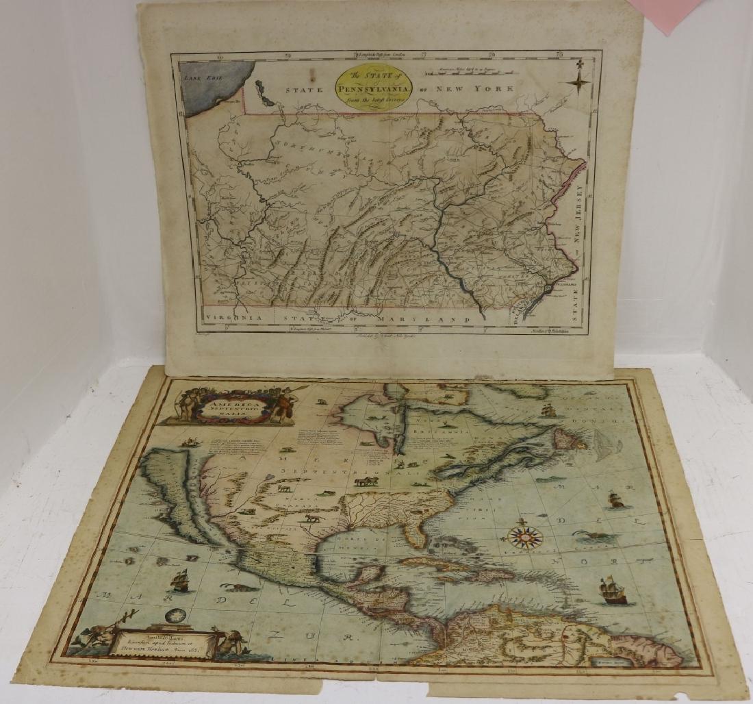 2 EARLY MAPS TO INCLUDE "STATE OF PENNSYLVANIA,: 1796 FROM THE LATEST SURVEYS" PUBLISHED BY JOHN REID, NEW YORK. ENGRAVING WITH HAND COLORING, AFTER A MAP DRAWN BY D. MARTIN. SHEET SIZE 17" X 20". SHOWS MINOR LOSS TO PUBLISHERS NAME AND MINOR DISCOL