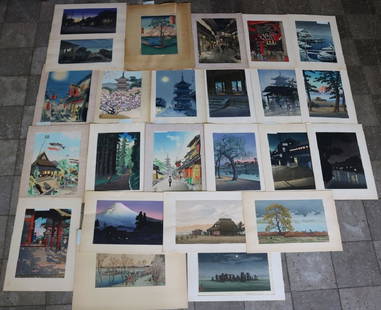 33 JAPANESE WOODBLOCK PRINTS AND 1 CHINESE: WATERCOLOR TO INCLUDE PRINTS BY NISABURO ITO "THE INNS AT ARIMA HOT SPRING", E. KOTOZUKA "NIGHT SCENE OF KIYAMACHI STREET", E. KOTOZUKA "STREET SCENE IN KYOTO ON NEW YEAR'S DAY", BENJI ASADA "THE PAGO