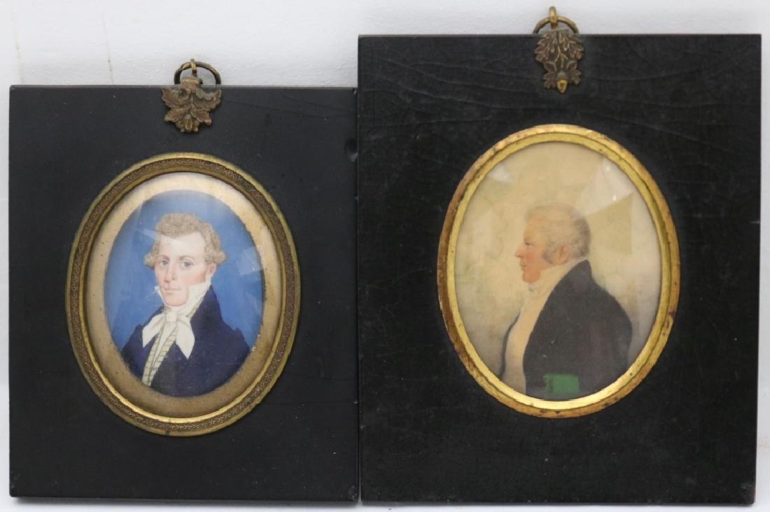 2 SIMILAR EARLY 19TH C MINIATURE PORTRAITS OF: GENTLEMEN, ON PAPER, UNSIGNED, PROBABLY AMERICAN. IN BLACK LACQUER FRAMES. ONE IS 2 1/2" X 2" SIGHT SIZE, 5 1/4" X 4 3/8" OVERALL WITH FRAME. THE OTHER IS 3 1/8" X 2 5/8" SIGHT SIZE, OVERALL WITH FRAM