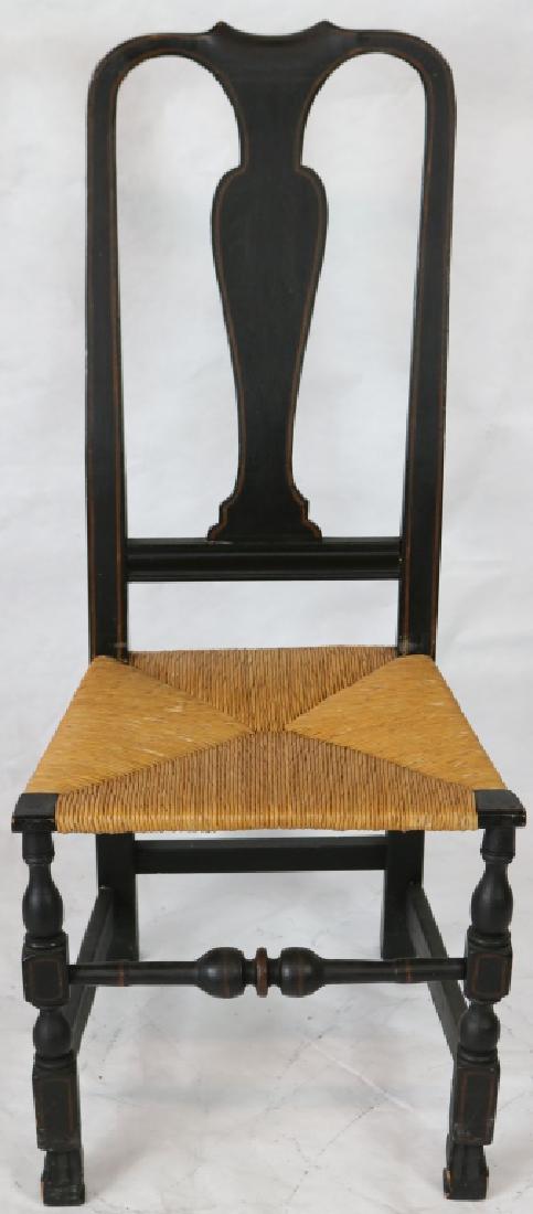 18TH C QUEEN ANNE YOKE BACK SIDE CHAIR, VASE AND: BLOCK TURNINGS, SPANISH FEET, OLD BLACK PAINTED SURFACE. REPLACED RUSH SEAT. 42" HIGH, 18 1/4" WIDE, 17" SEAT HEIGHT.