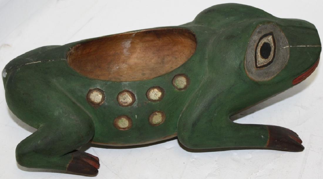 HAIDA OR TLINGIT POLYCHROME FROG EFFIGY FOOD: BOWL, EARLY 20TH CENTURY, 8" L X 3" H X 4" W, HAND WRITTEN ON BOTTOM DOUGLAS ALASKA. SHOWS SLIGHT AGE SEPARATION AT MOUTH._x000D_