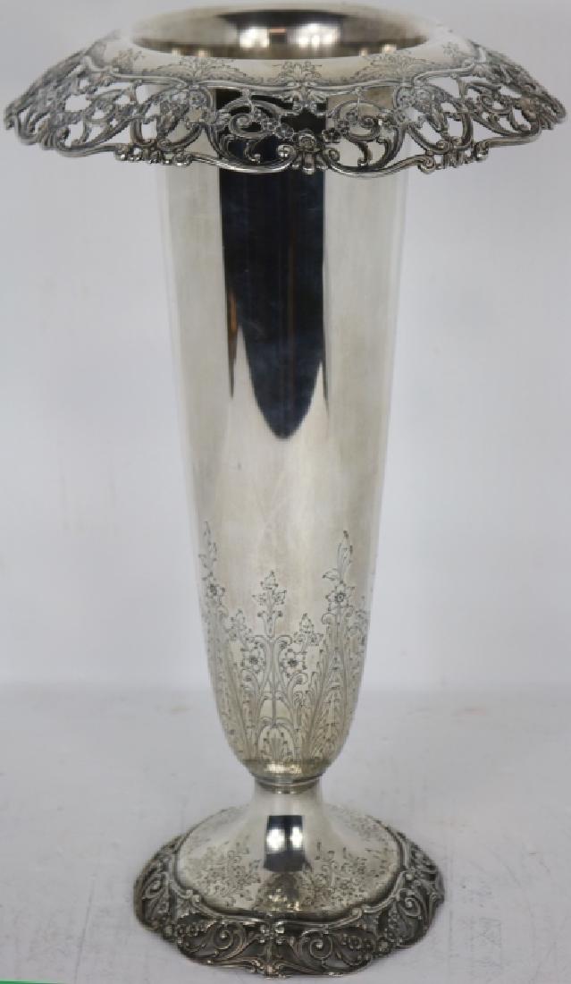 TALL ORNATE GORHAM STERLING VASE WITH OPEN WORK: BASKET DESIGN ON RIM AND ENGRAVED DECORATION, 17" HIGH, 10" DIAMETER, 43.28 TROY OUNCES.