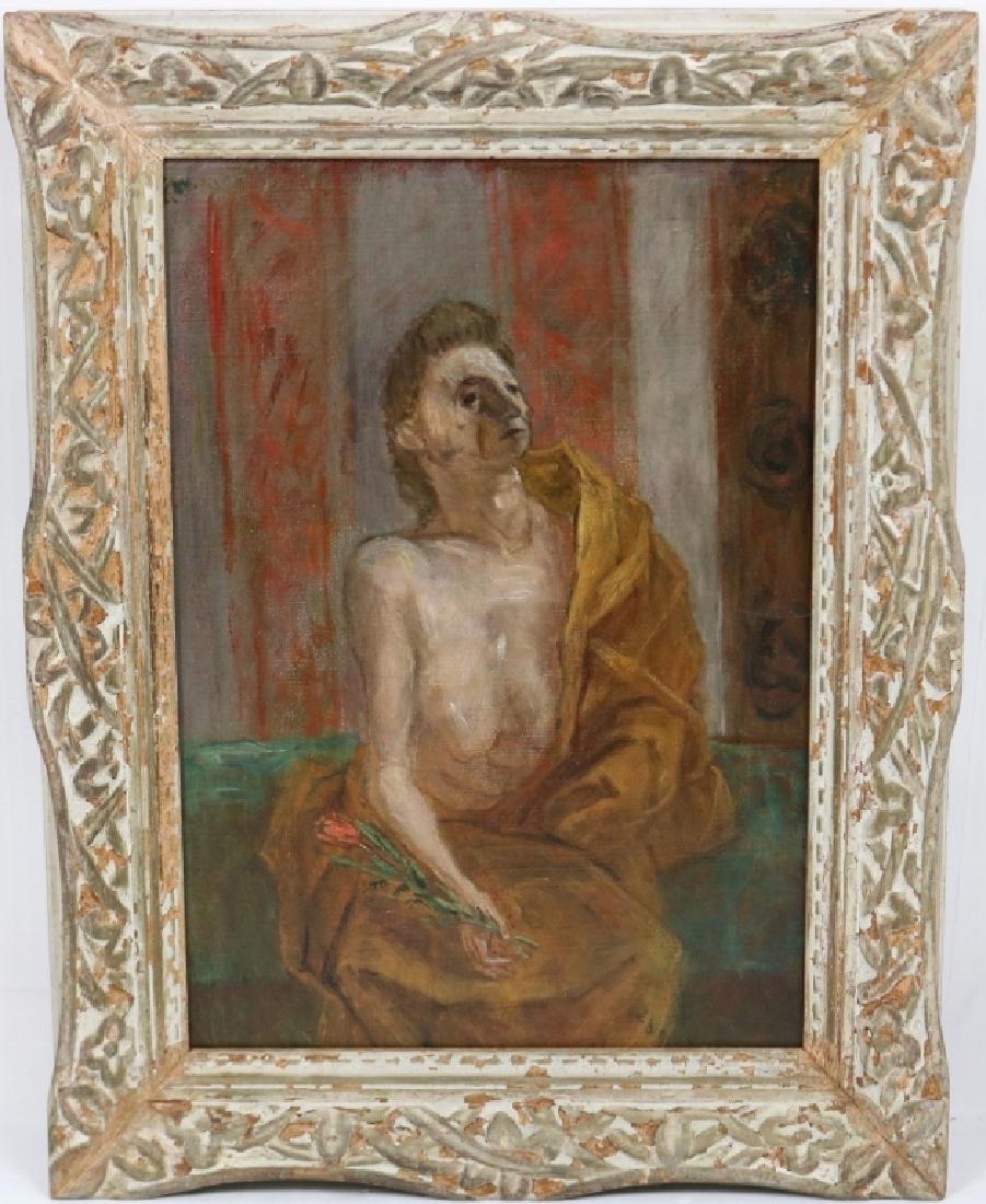 FRANKLIN (WATTY) WATKINS (1894-1972, PENN, NOTED: FOR DRAMATIC REALISM), OIL PAINTING ON CANVAS, SIGNED UPPER LEFT WITH INITIALS, TITLED "THE MODEL". SOLD BY ALEXANDRE GALLERY. IN PERIOD CARVED FRAME. SIGHT SIZE 18" X 13", OVERALL 23" X 17 3/4".
