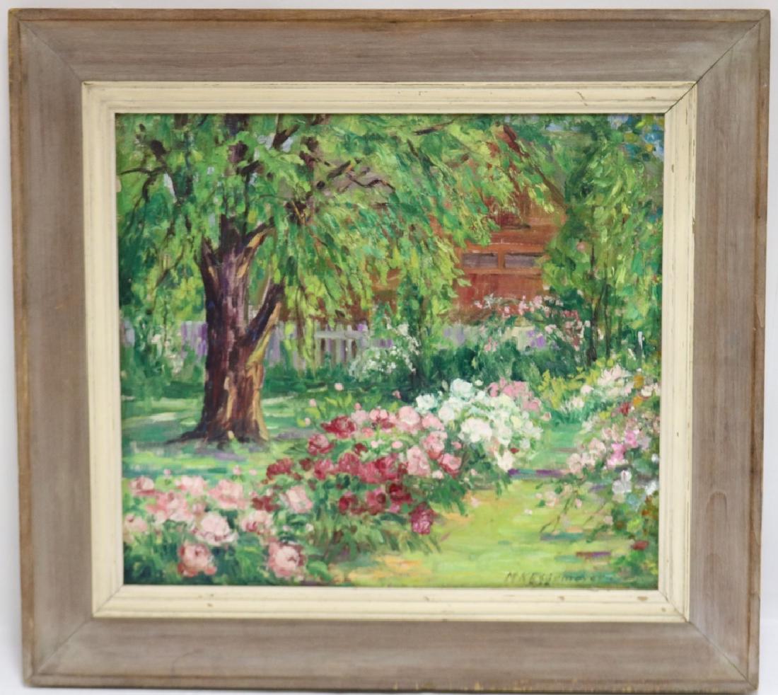 MAUDE KAUFMAN EGGEMEYER (1877-1959, INDIANA, NY,: NC), TITLED "GRANDMOTHER'S GARDEN AT PEONY TIME", PAINTED IN 1926, RICHMOND, INDIANA. ARTIST WAS A MEMBER OF THE INDIANA SALON. SIGHT SIZE 14" X 16", OVERALL 19" X 21". SIGNED LOWER RIGHT. PAINTING HA