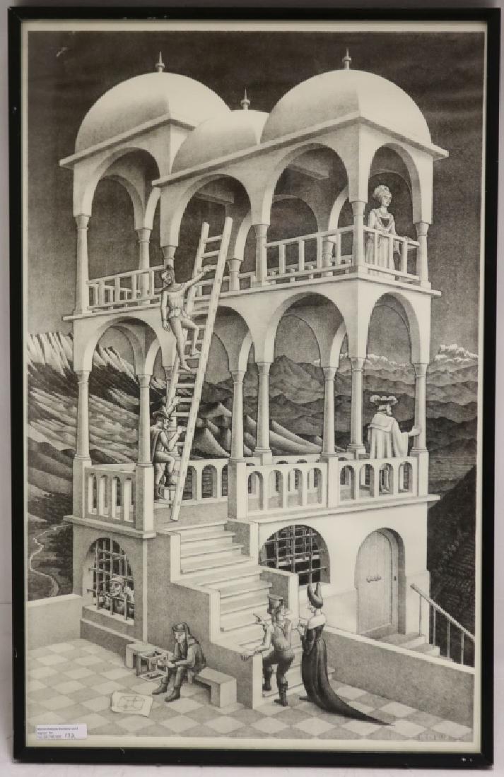 MAURITIS CORNELIS ESCHER (1898-1972), FRAMED: LITHOGRAPH ON PAPER TITLED "BELVEDERE", 1958. SCENE DEPICTS A BUILDING IN THE MOUNTAINS WITH FIGURES IN MEDIAEVAL DRESS. SHOWS SOME CREASING IN UPPER LEFT CORNER. SIGHT SIZE 23 3/4" X 15 1/2", OVERALL