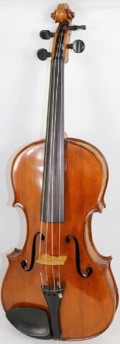 LEONARDI DE SPOLETO VIOLA DATED 1914, 15 1/8": LENGTH OF BODY. UPPER BOUT 7" WIDE, CENTER BOUT 4 11/16" WIDE. TWO PIECE FIGURED MAPLE BACK AND SPRUCE TOP. ALONG WITH TWO BOWS. ONE IS SILVER MOUNTED STAMPED K. GERHARD PENZEL WITH PARISIAN EYE ON FR