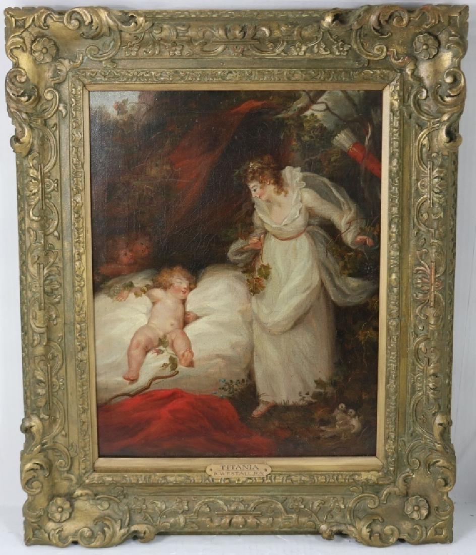 RICHARD WESTALL (1765-1836, ENGLAND) OIL PAINTING: ON CANVAS TITLED "TITANIA", DEPICTING A WOMAN WITH CHERUBS. IN A VINTAGE CARVED AND PAINTED FRAME. SIGHT SIZE 17" X 13", OVERALL 25" X 20 1/2".