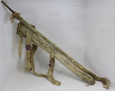 19TH C BOW AND QUIVER CASES, DECORATIVE BEADED: TRIM, 2 ARROWS AND A PAINTED BOW. 42" LONG.