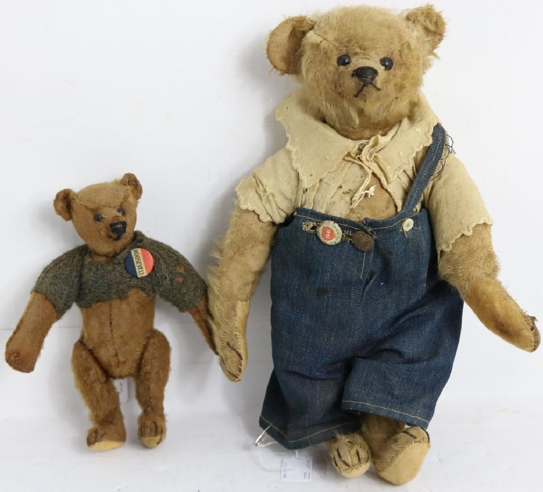 2 EARLY 20TH C STEIFF BEARS. ONE IS 8" WITH: BUTTON. SHOWS MOHAIR LOSS. THE OTHER IS 12 1/2" AND SHOWS WEAR TO MOHAIR. FROM THE COLLECTION OF THE LATE ALICE CHANNING.