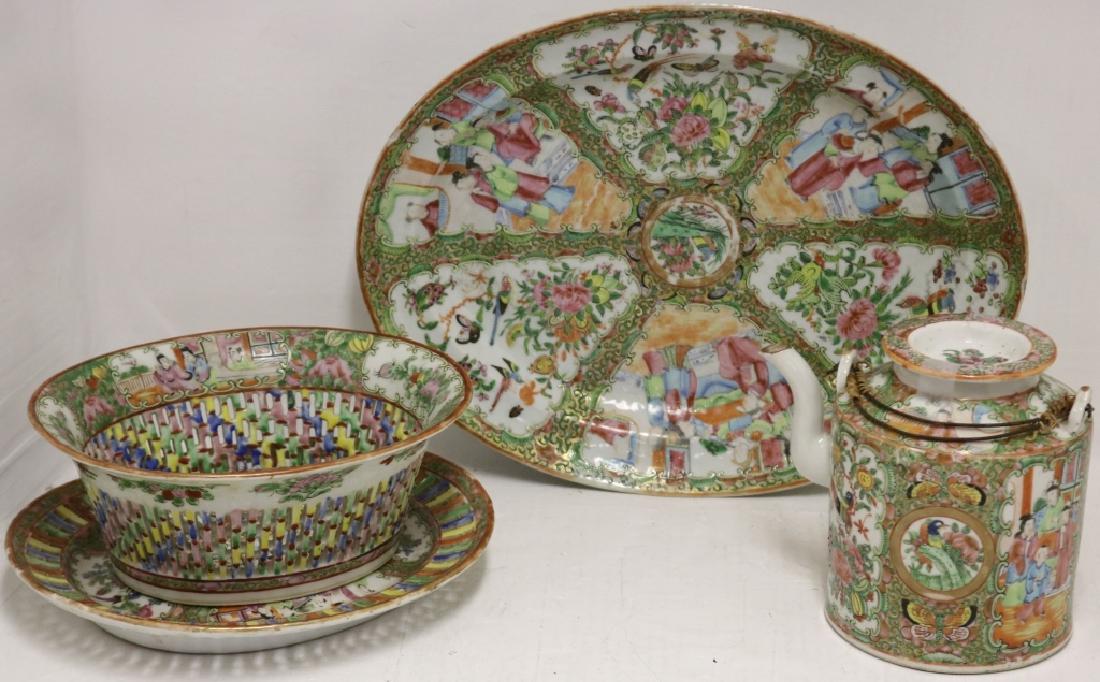 FOUR 19TH C ROSE MEDALLION SERVING PCS TO: INCLUDE A 15" OVAL PLATTER WITH 5 MINOR RIM CHIPS, 6 1/2" HIGH TEA POT, 4" X 9 1/4" CHESTNUT BOWL AND A 10 1/4" UNDER PLATE. BOTH WITH RETICULATED SIDES.