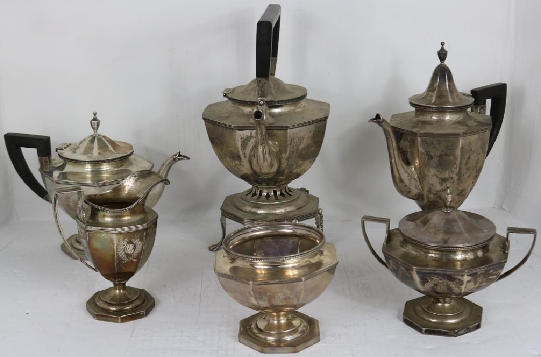 6 PIECE STERLING SILVER TEA AND COFFEE SERVICE BY: GOODNOW & JENKS, BOSTON, MA. SET INCLUDES KETTLE ON STAND 12 1/2" HIGH, 45.81 OZT, COFFEE POT 10 1/2" HIGH, 24.78 OZT, TEAPOT 7" HIGH, 22.87 OZT, CREAMER 6" HIGH, 10.04 OZT, COVERED SUGAR BOWL 6" HIGH