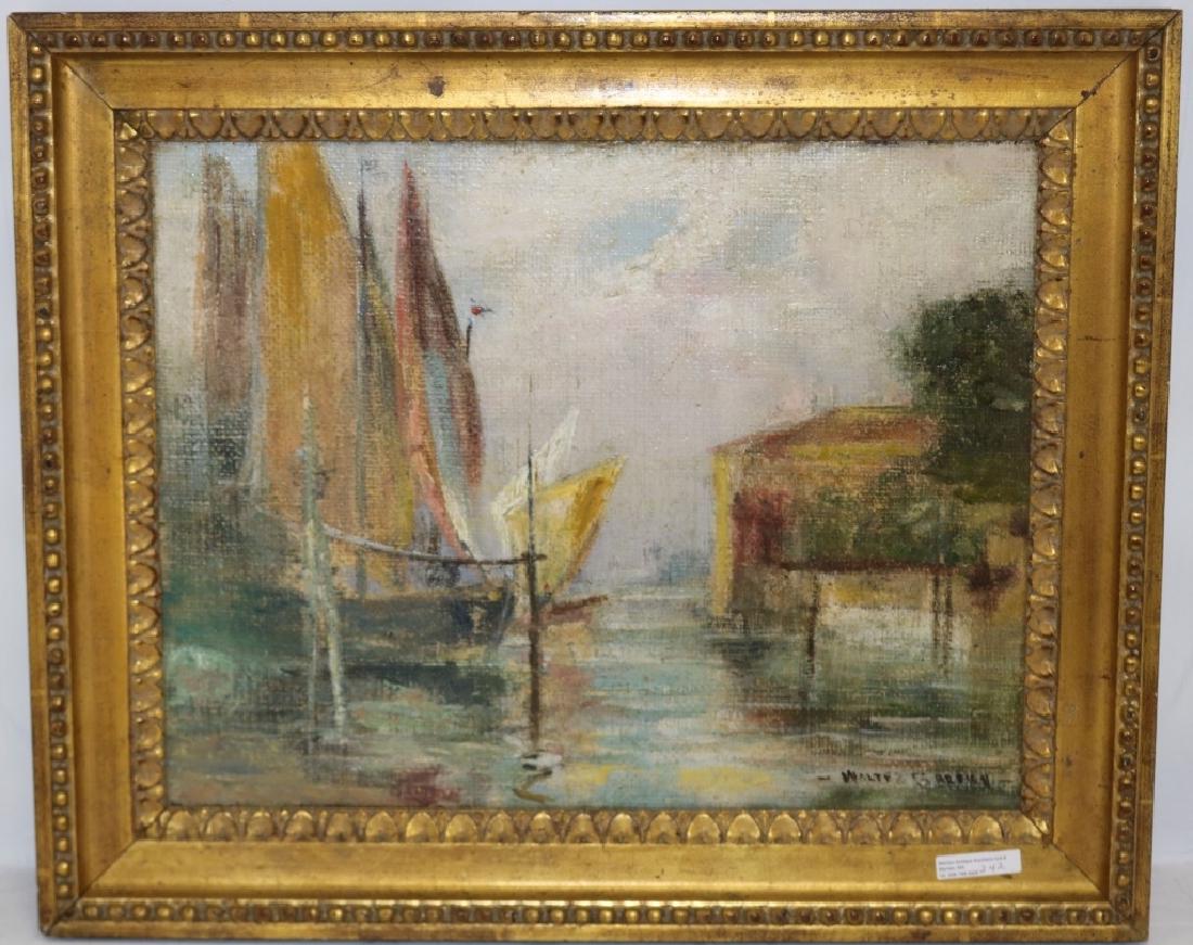 WALTER FRANCIS BROWN (1853-1929, RI, ITALY), OIL: PAINTING ON CANVAS, CANAL SCENE, SIGNED LOWER RIGHT. SIGHT SIZE 14" X 18", OVERALL 19" X 23". IN A MODERN CARVED AND GILDED FRAME. SHOWS SOME INPAINTING.