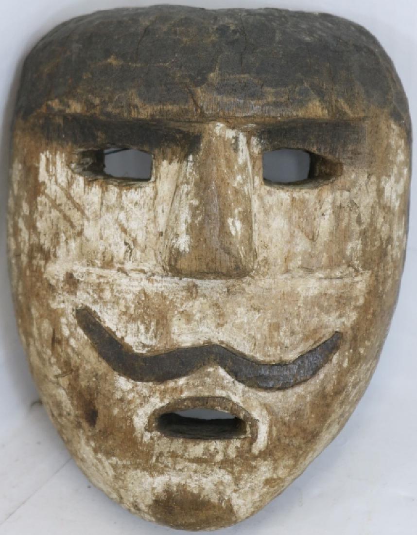 LATE 19TH C CARVED AND PAINTED MEXICAN MASK,: MAXIMON DESIGN, 8" HIGH, 6 1/4" WIDE, GOOD CONDITION.