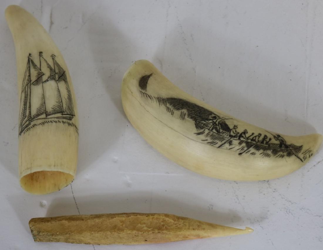 3 PC LOT TO INCLUDE 2 SMALL 20TH C SCRIMSHAW: WHALE'S TEETH. ONE HAS A WHALING SCENE, 3 1/2" LONG. THE OTHER DEPICTS A SAILBOAT, 4" LONG. ALONG WITH A SMALL BONE HOOK, 4" LONG. CANNOT BE SHIPPED OUT OF MASSACHUSETTS.