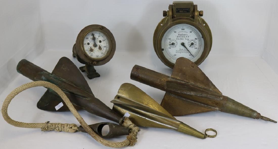 EARLY 20TH C 5 PC LOT TO INCLUDE WALKER'S CHERUB: MARK III SHIP'S LOG, 4 1/2" D, 9" LONG. WALKER'S TRIDENT ELECTRIC LOG, 7 1/2" X 3". ALONG WITH 3 BRASS TRAIL LOGS, 9 1/2" TO 15 1/2" LONG.