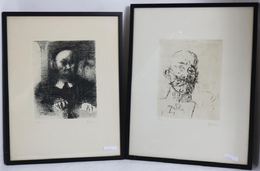 JACK LEVINE (1915-2010) TWO FRAMED ETCHINGS TO: INCLUDE A SEATED MAN WITH A BEARD NO. 55/100, PENCIL SIGNED LOWER RIGHT, 18 3/4" X 14 3/4"; THE OTHER IS A MILITARY OFFICER IN UNIFORM, NO. 45/100 PENCIL SIGNED LOWER RIGHT, SIGHT SIZE 19 3/4" X 15 3/
